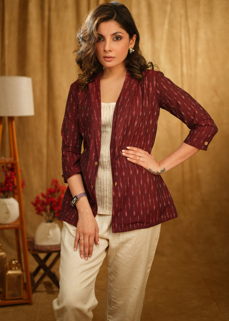 Smart Maroon Ikaat Jacket with Cream Inner