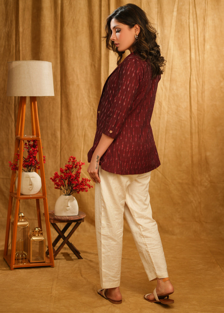Smart Maroon Ikaat Jacket with Cream Inner