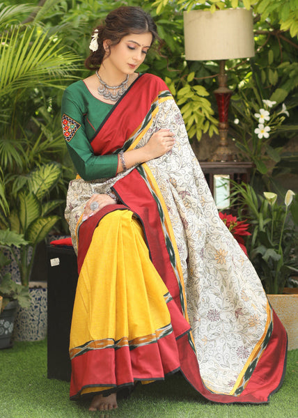 Exclusive White chanderi block printed saree with ikat piping