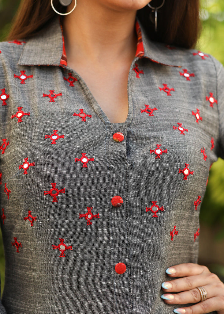Classy Hand Embroidered Pure Cotton Gray Shirt Tunic