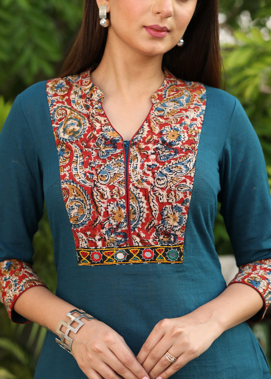 Elegant Cotton Teal Blue Tunic with Kalamkari Yoke