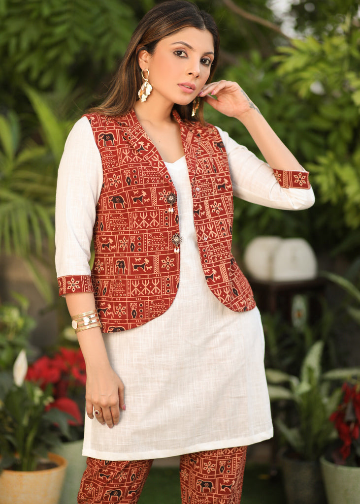 Classy Cotton White Tunic with Maroon Ajrakh Sleeveless Jacket