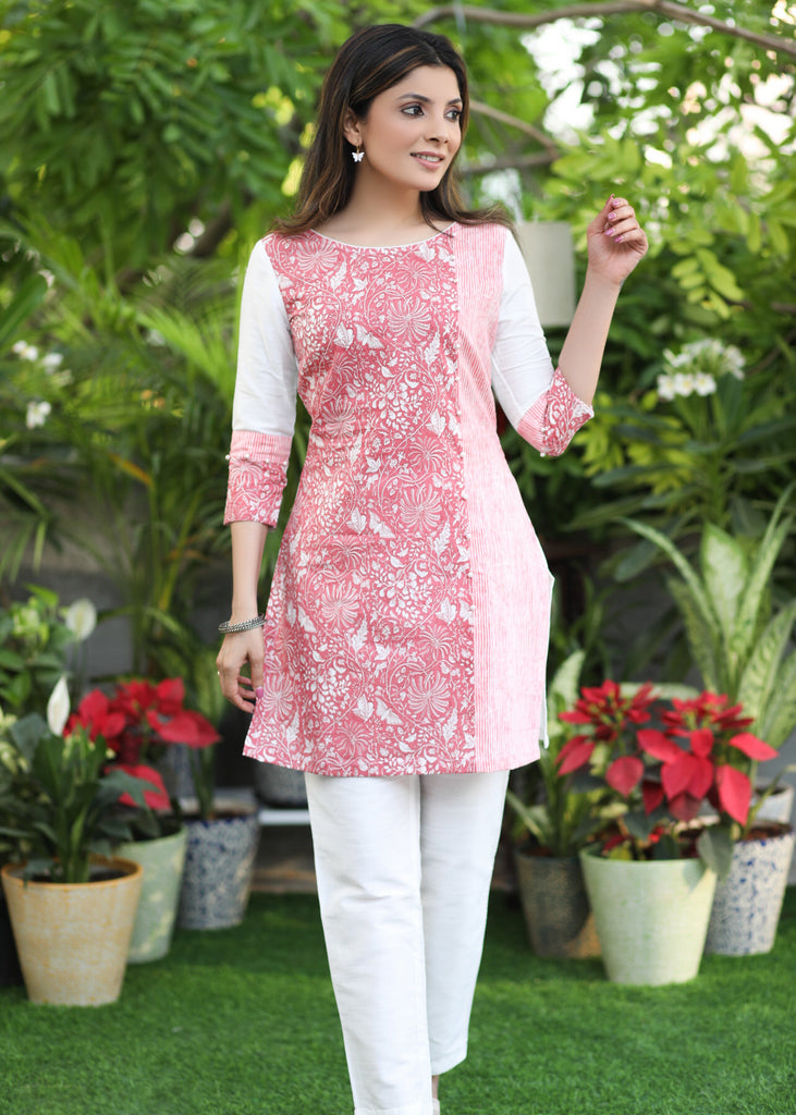Stylish Pink Stripes Foral Mix Tunic.