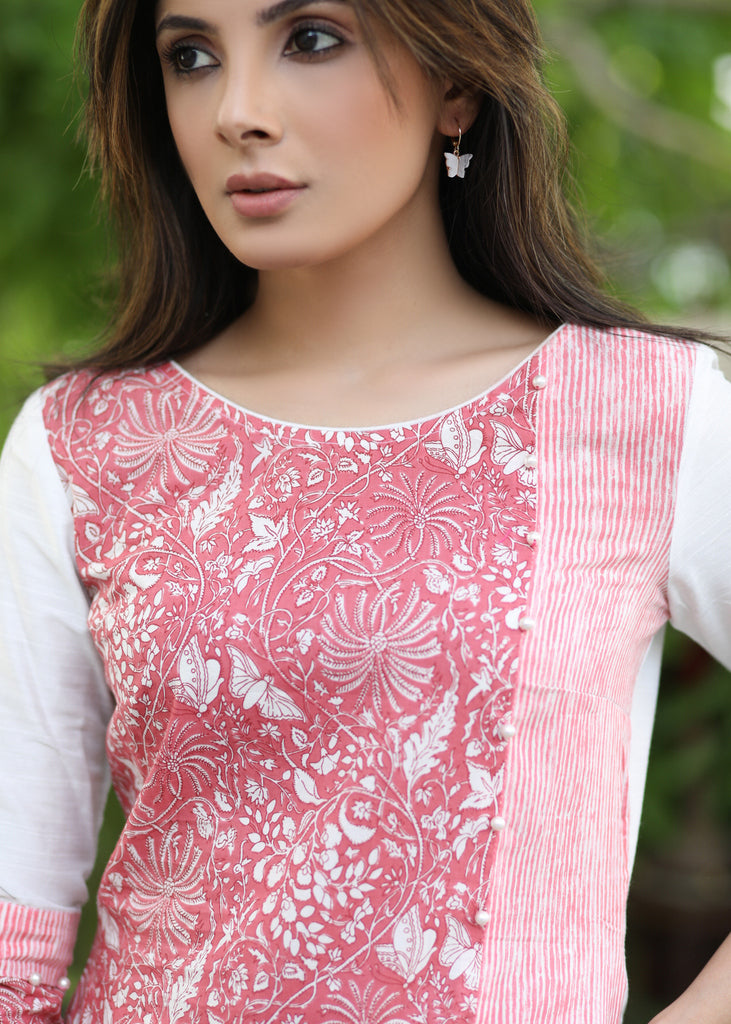 Stylish Pink Stripes Foral Mix Tunic.