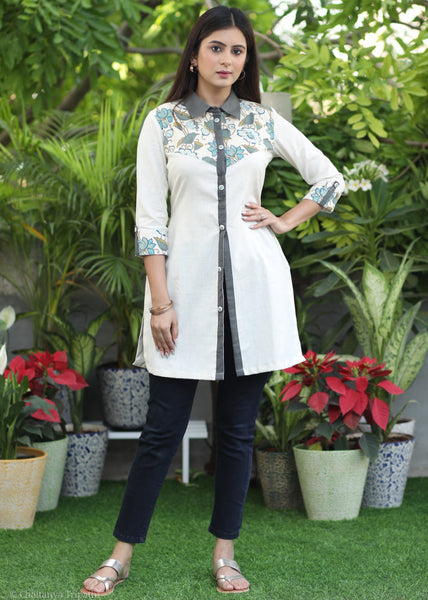 Trendy Cotton off White Shirt Tunic with Flower Printed Yoke and Sleeves