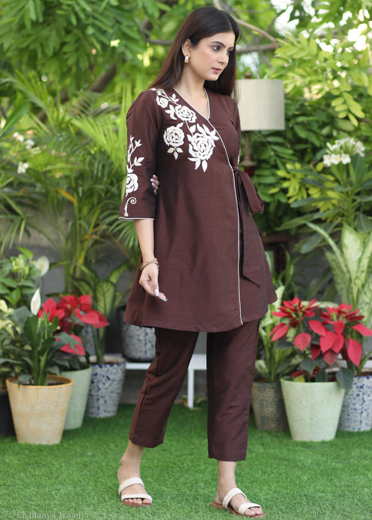 Exclusive Brown Cotton Silk Co Ord Set with Floral Embroidery.