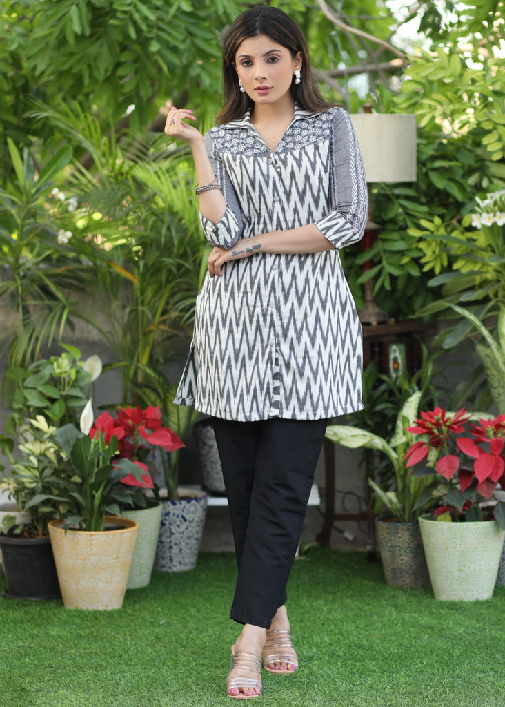 Smart off White Ikat Tunic with Grey Embroidered Yoke.