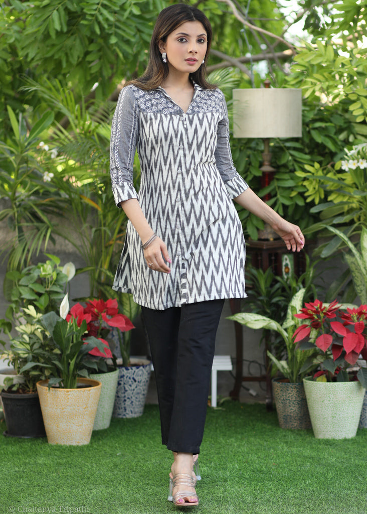 Smart off White Ikat Tunic with Grey Embroidered Yoke.