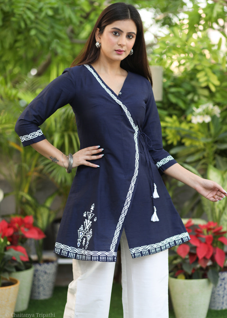 Stylish Navy Blue Cotton Silk Hand Painted Tunic with White Bottoms.