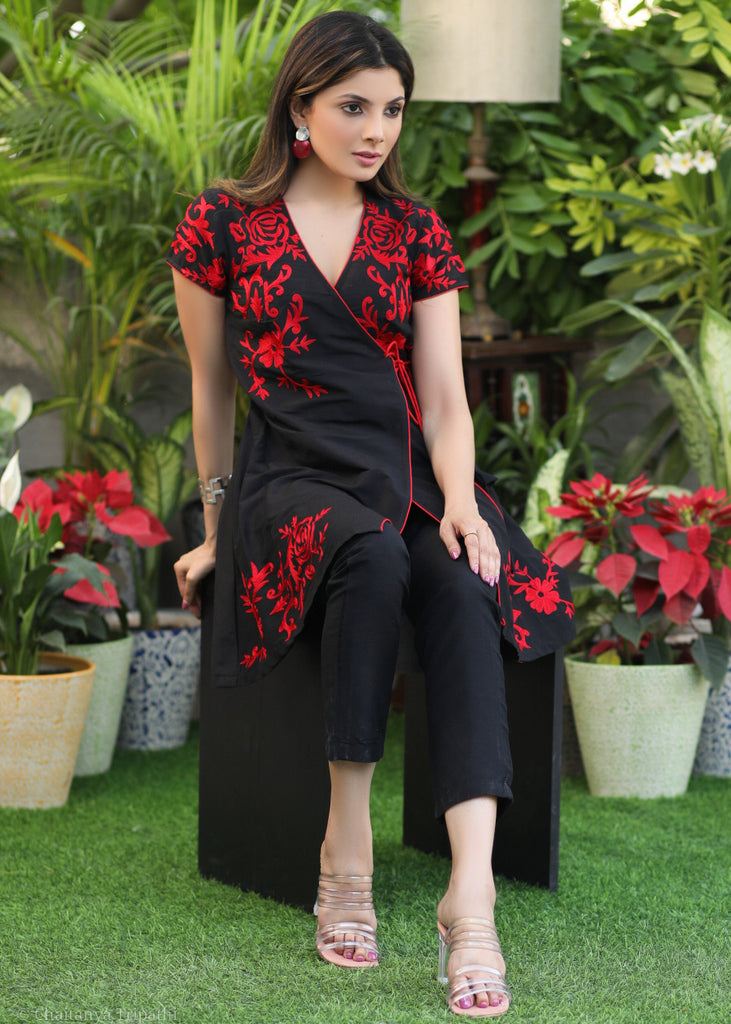 black and red embroidered dress Trendy Black Cotton Silk Cross Over Tunic Wih Red Embroidery – Sujatra