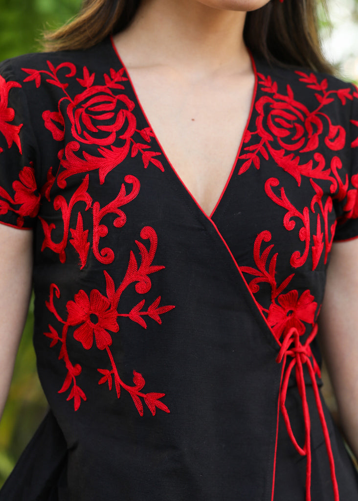 Trendy Black Cotton Silk Cross Over Tunic Wih Red Embroidery