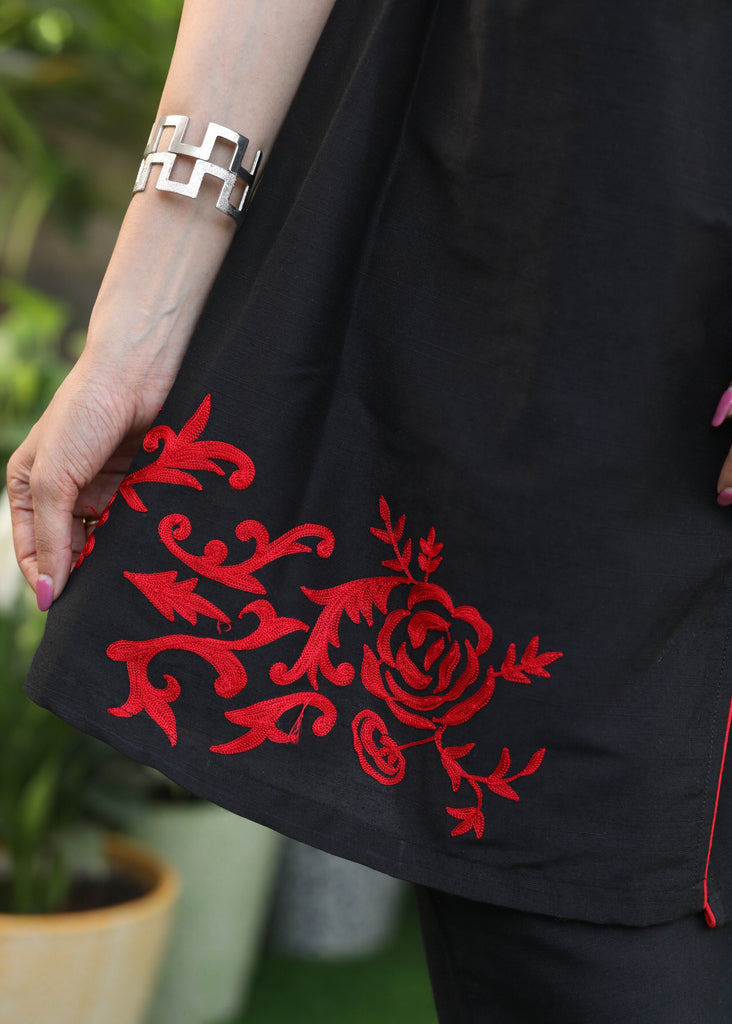 Trendy Black Cotton Silk Cross Over Tunic Wih Red Embroidery
