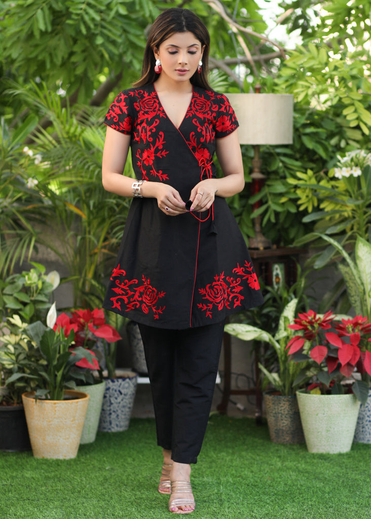 Trendy Black Cotton Silk Cross Over Tunic Wih Red Embroidery