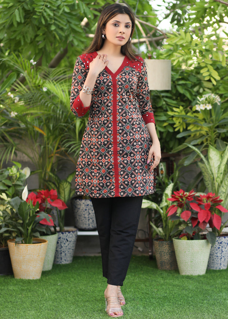 Stylish Black Geometric Print with Red Contrast and Mirror Work .