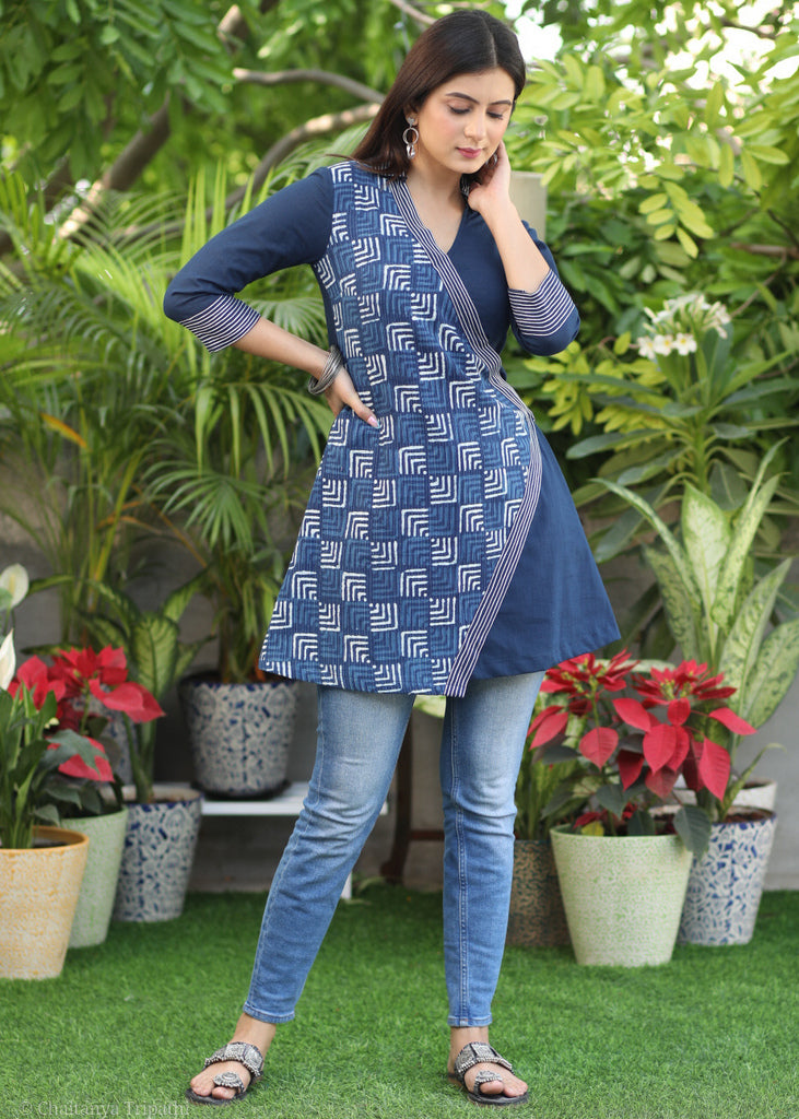 Elegant Navy Blue Cotton and Indigo Cross Over Tunic