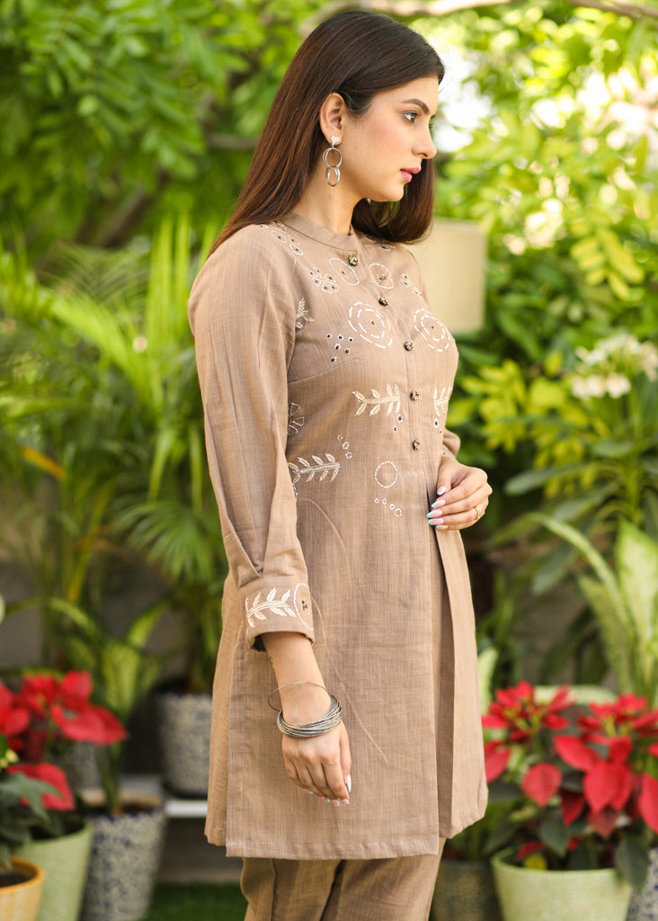 Beige Cotton Embroidered Tunic Co Ord Set with All Over Embroidery