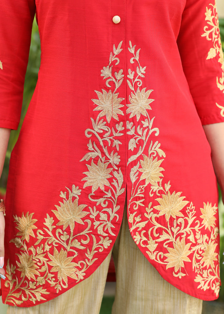 Exclusive Cotton Silk Tunic with Zari Embroidery on Hem and Sleeves - Pant Optional