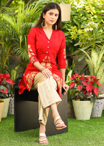 Exclusive Cotton Silk Tunic with Zari Embroidery on Hem and Sleeves - Pant Optional