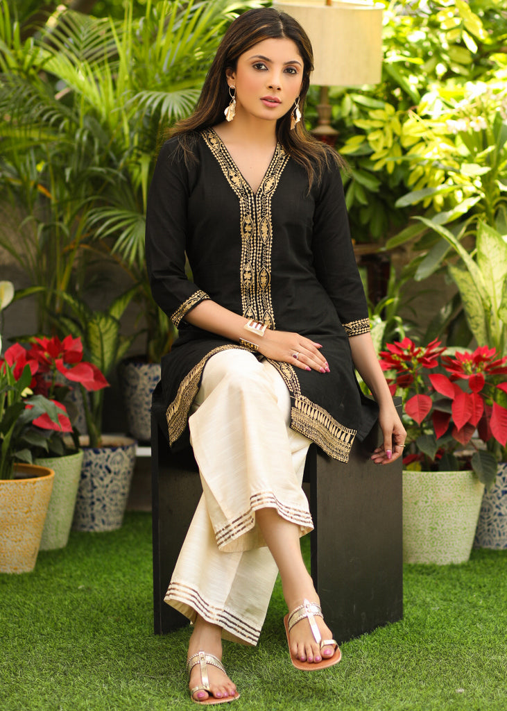 Smart Black Cotton Silk Tunic with Gold Zari Work