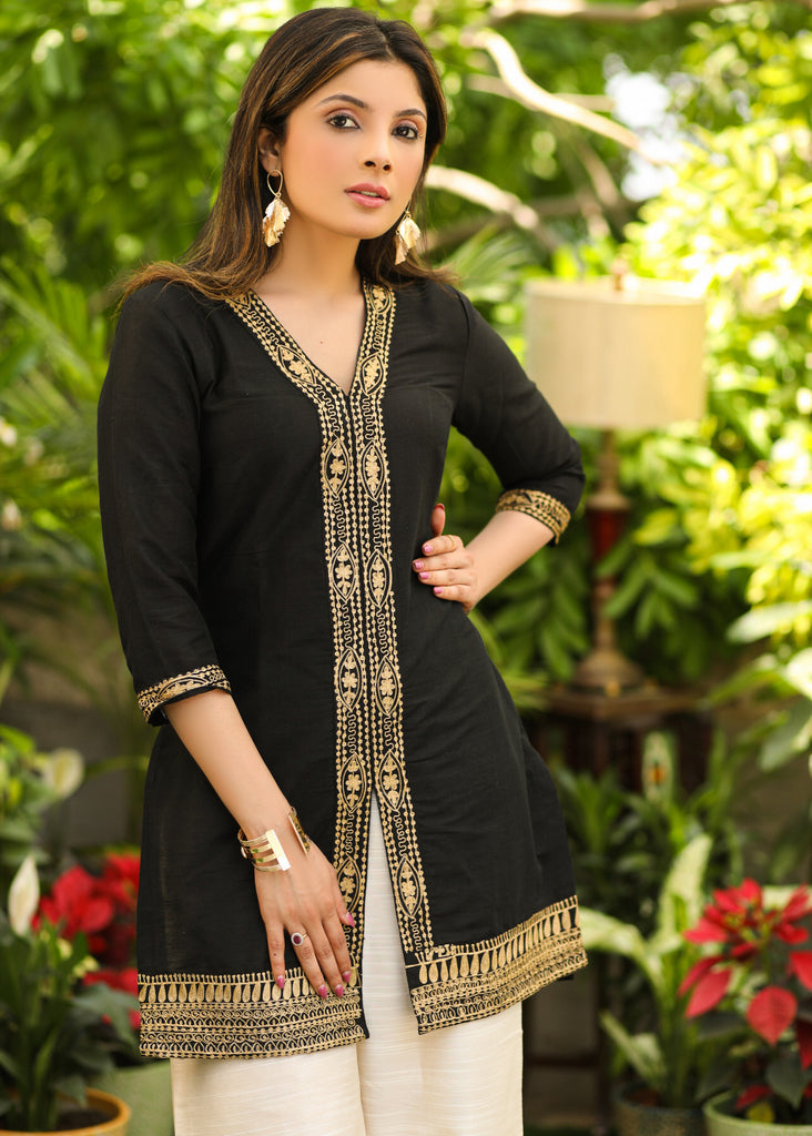 Smart Black Cotton Silk Tunic with Gold Zari Work