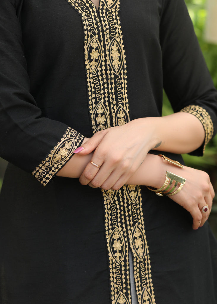 Smart Black Cotton Silk Tunic with Gold Zari Work
