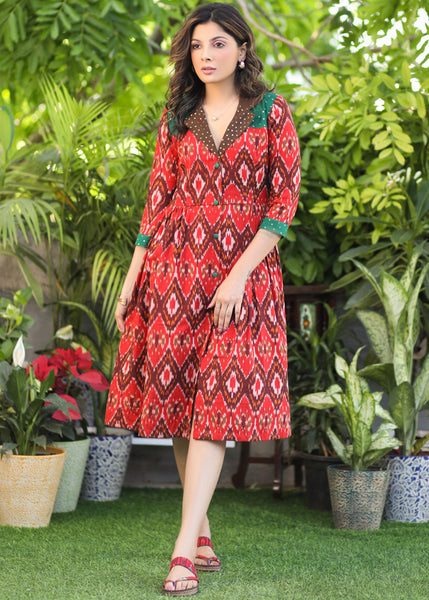 Exclusive Ruby Red A-Line Ikat Dress with Detailed Neckline