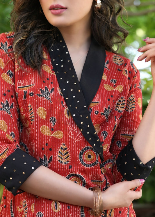 Classy Red Kantha Wrap-Around Dress