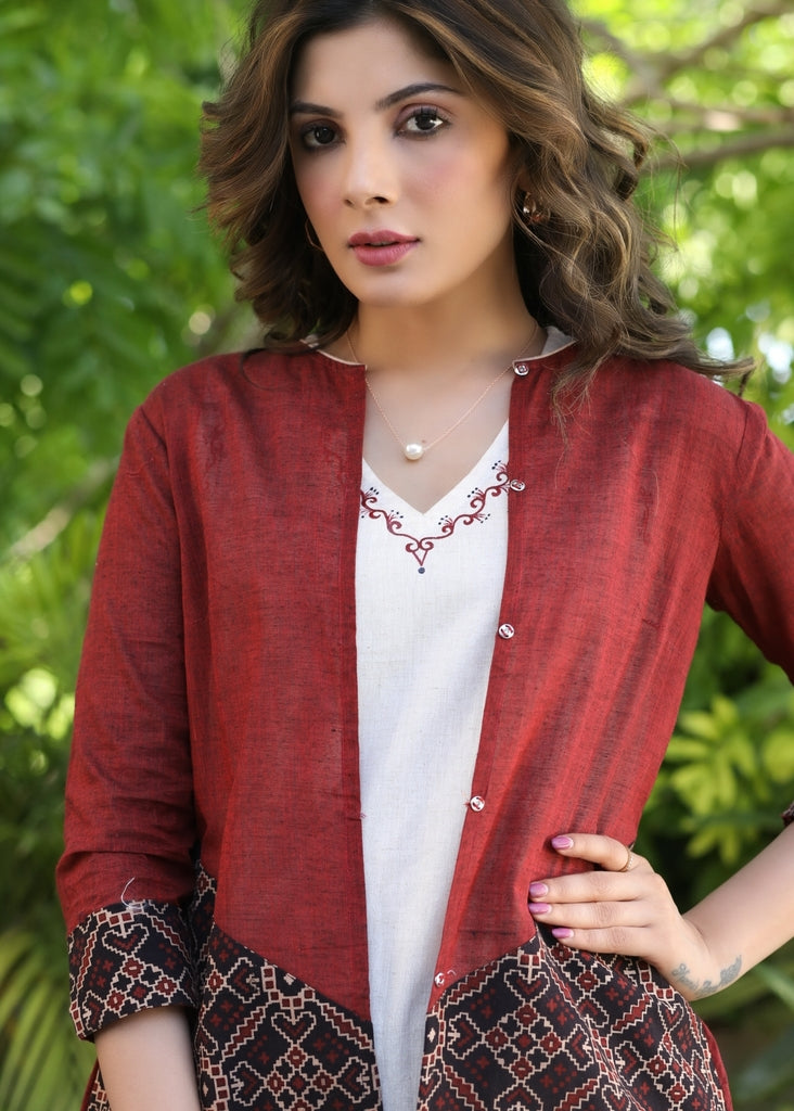 Classy Cotton Off-White Sleeveless Dress with Hand-Painted Neckline and Ajrakh Jacket