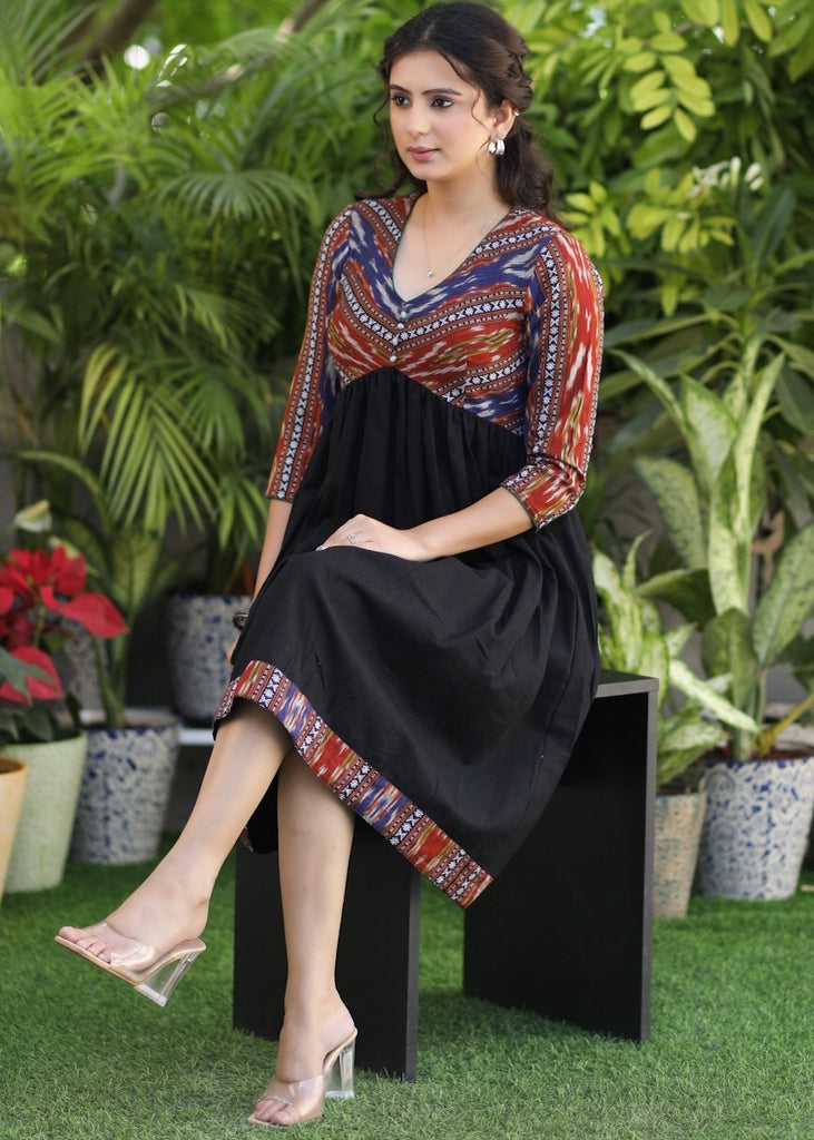 Exclusive Black Cotton and Multicolor Ikat Fit and Flare Dress