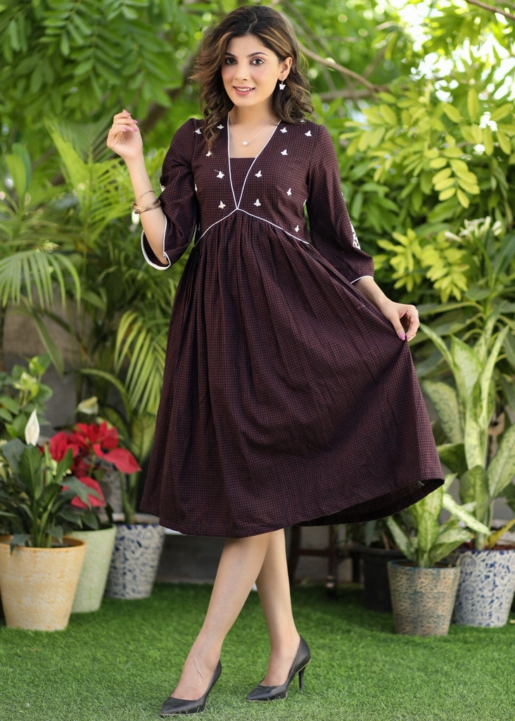 Exclusive Cotton Maroon Checked Gathered Dress with Embroidered Motifs on Yoke and Sleeves