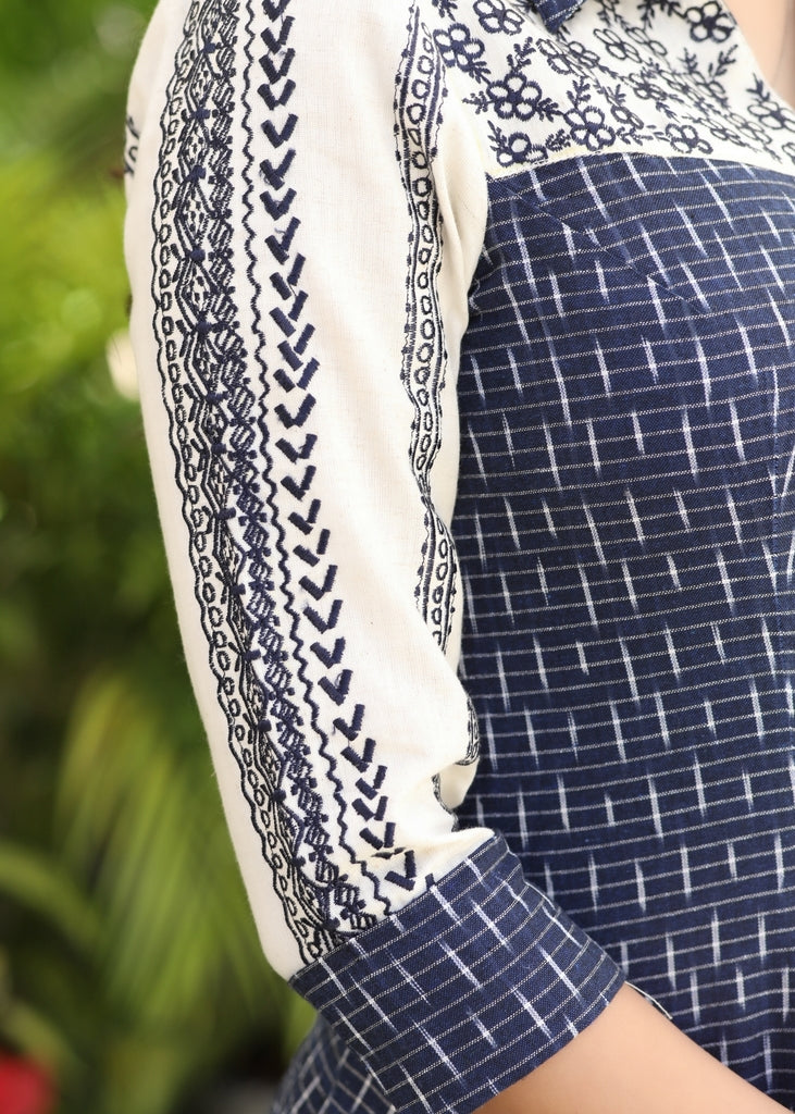 Stylish Navy Blue A-Line Ikat Dress with Embroidered Details