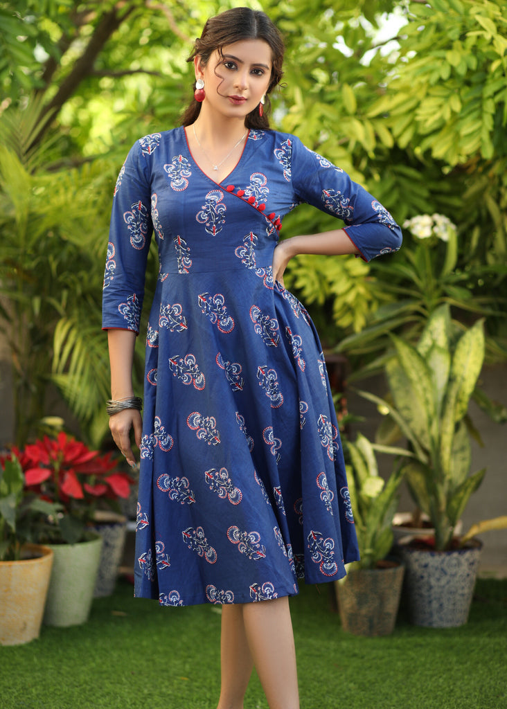 Classy Blue Printed Cotton Flared Dress