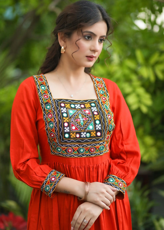 Stylish Bright Orange Rayon Gathered Dress with Mirror Patchwork on Yoke