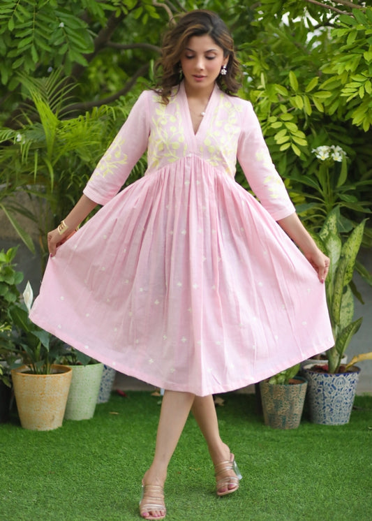 Exclusive Cotton Pink Fit and Flare Dress with Embroidered Yoke