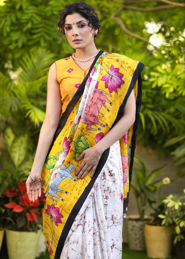 Versatile Cream Momchitra Batik Pure Silk Pichwai Design Saree