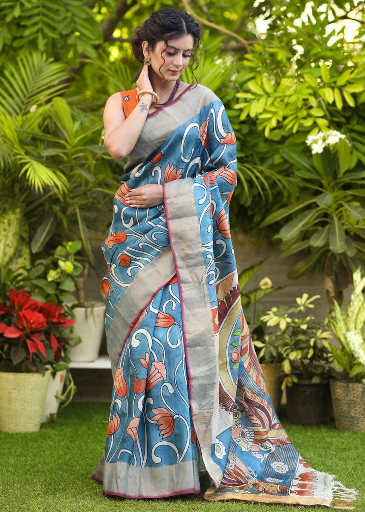 Exclusive Pure Tusser Silk Saree With hand painted Kalamkari design