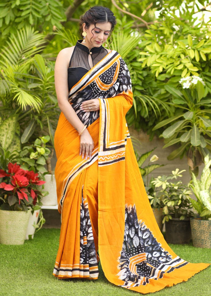 Exquisite Mustard Cotton Mul Abstract Print Saree