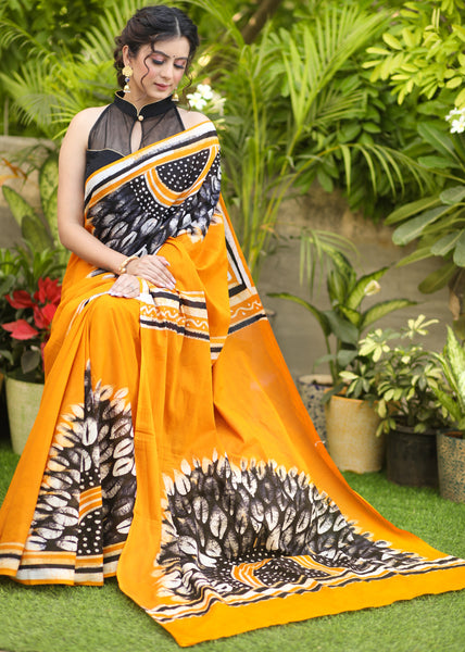 Exquisite Mustard Cotton Mul Abstract Print Saree