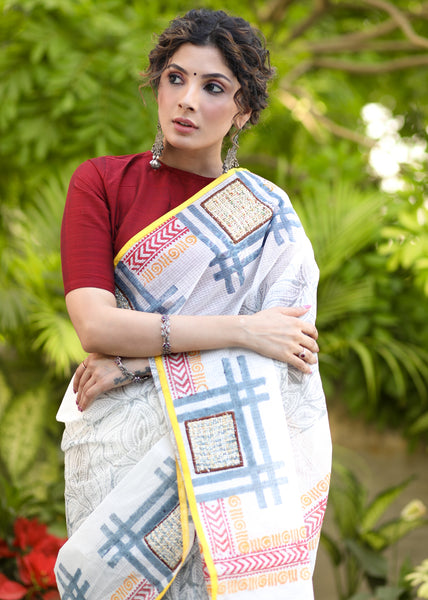 Serene Abstract White Block Print Cotton Saree with Exclusive Patchwork