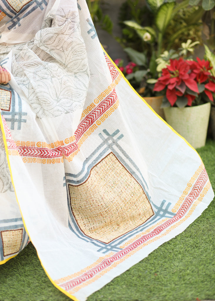 Serene Abstract White Block Print Cotton Saree with Exclusive Patchwork