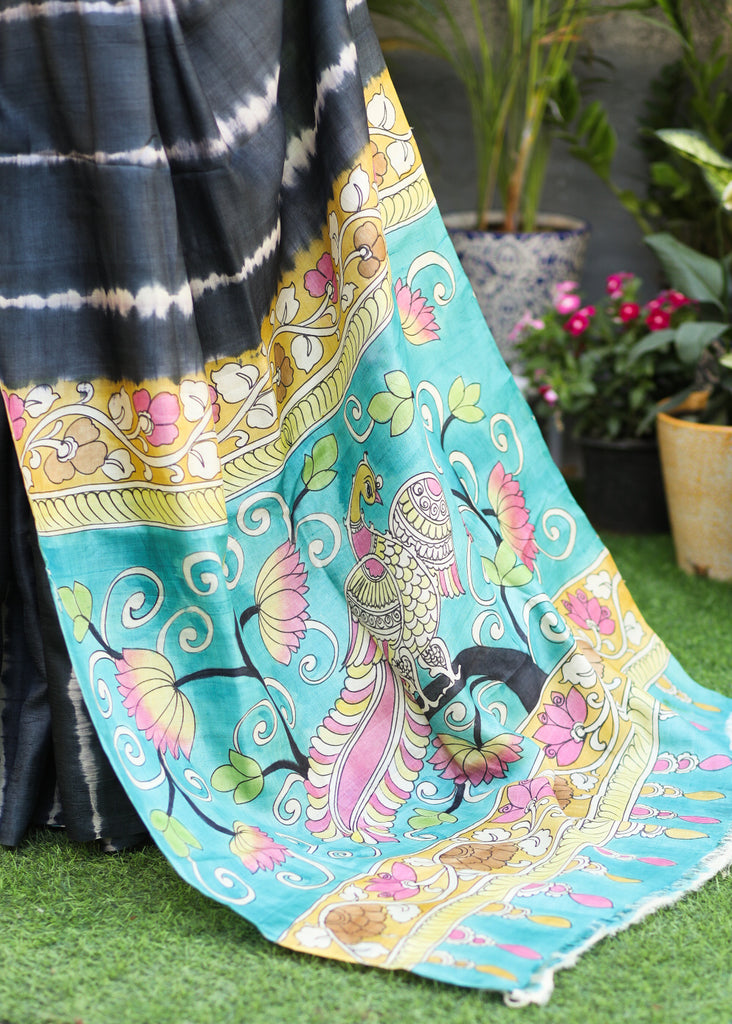 Graceful Pure Tussar Silk Black Shibori Saree with Kalamkari design Pallu