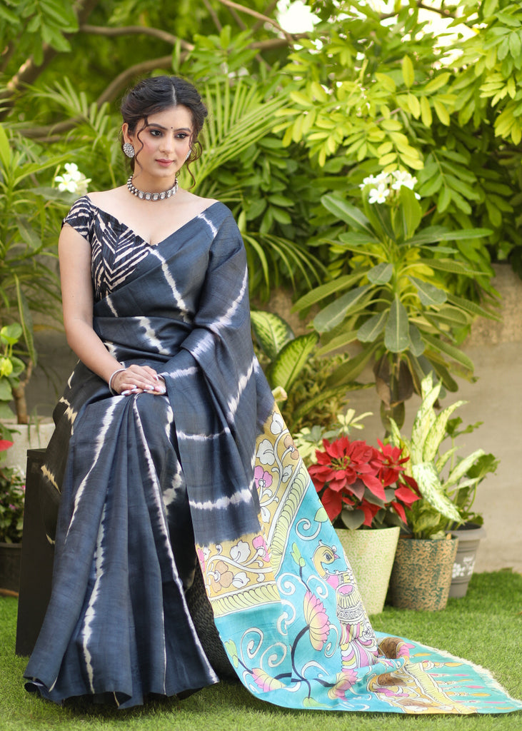 Graceful Pure Tussar Silk Black Shibori Saree with Kalamkari design Pallu