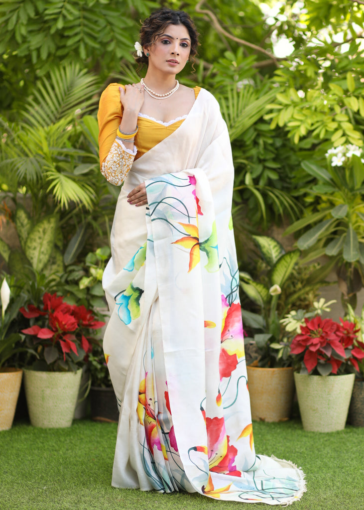 Lustrous White Pure Silk Hand Painted Saree with Floral Motif