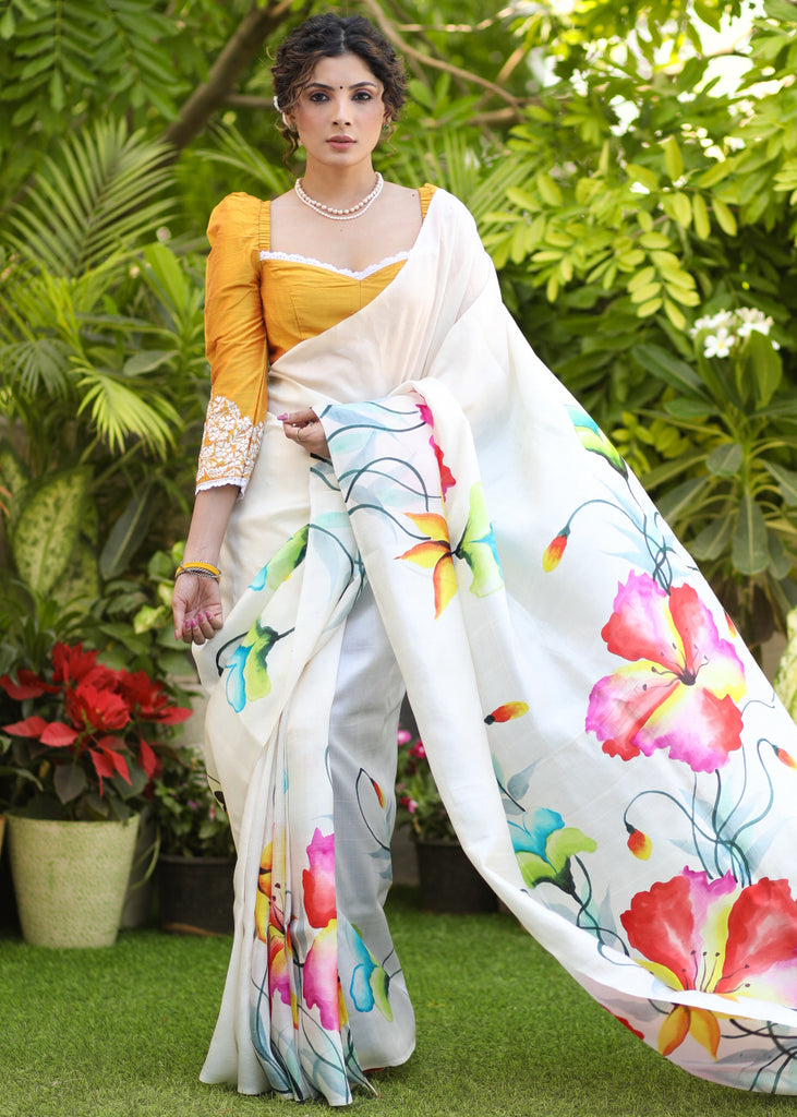 Lustrous White Pure Silk Hand Painted Saree with Floral Motif