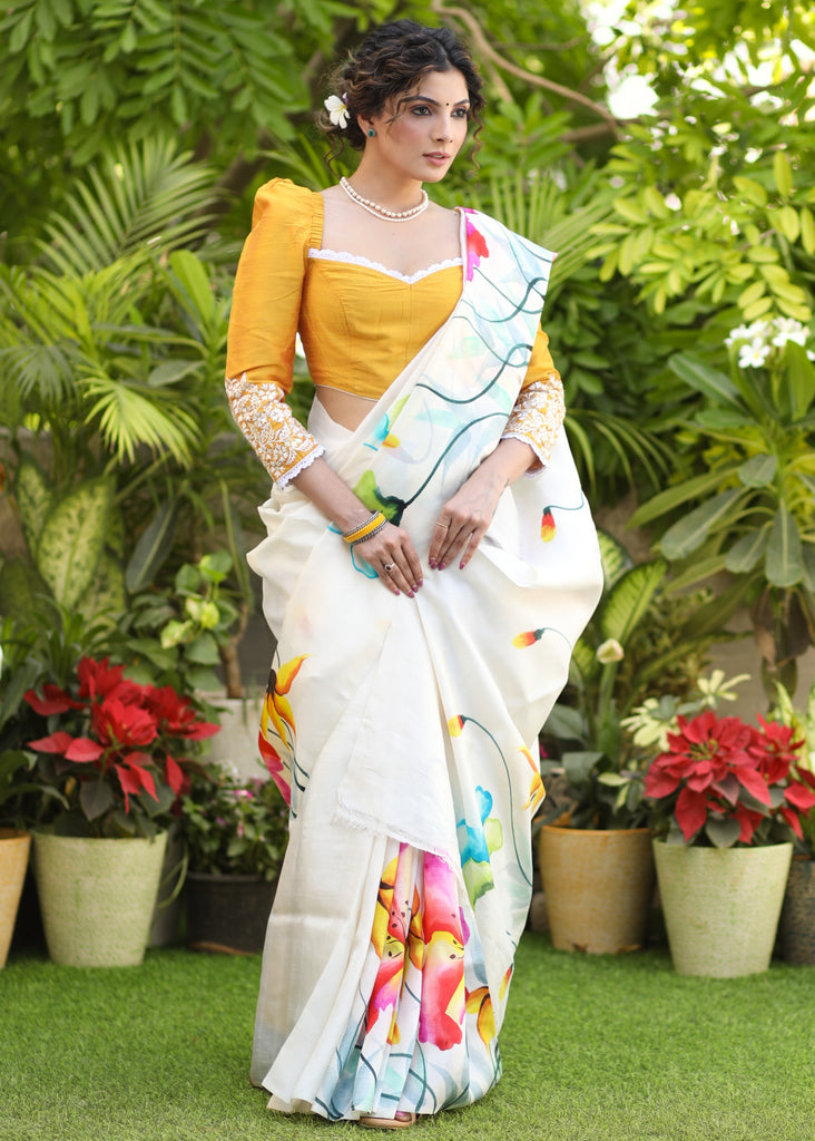 Lustrous White Pure Silk Hand Painted Saree with Floral Motif