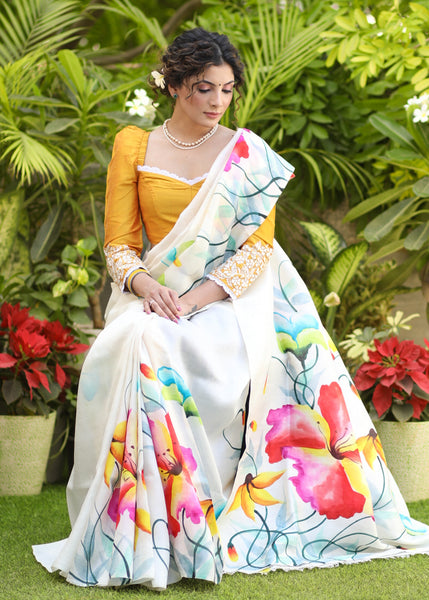 Lustrous White Pure Silk Hand Painted Saree with Floral Motif
