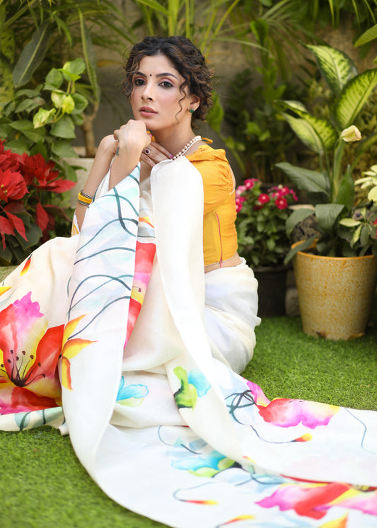Lustrous White Pure Silk Hand Painted Saree with Floral Motif