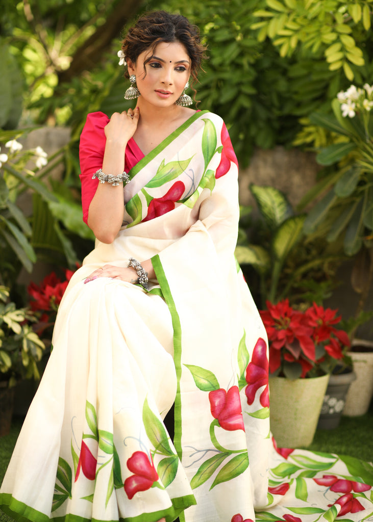 Serene Cream Hand Painted Pure Silk Saree with Exclusive Floral Motifs