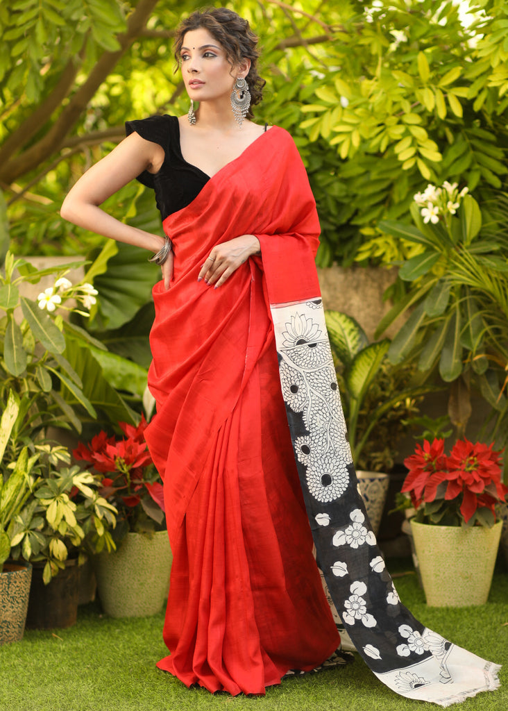 Classy Pure Silk Red Saree with Black & White Kalamkari Pallu