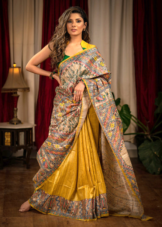 Exclusive mustard pure raw silk hand painted Madhubani designer saree